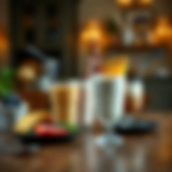An elegant breakfast table set with different types of shakes and smoothies.