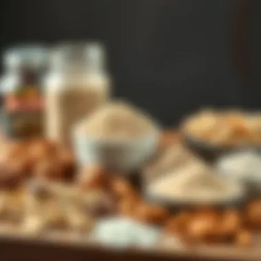 A selection of various nuts, seeds, and protein powders arranged artistically.