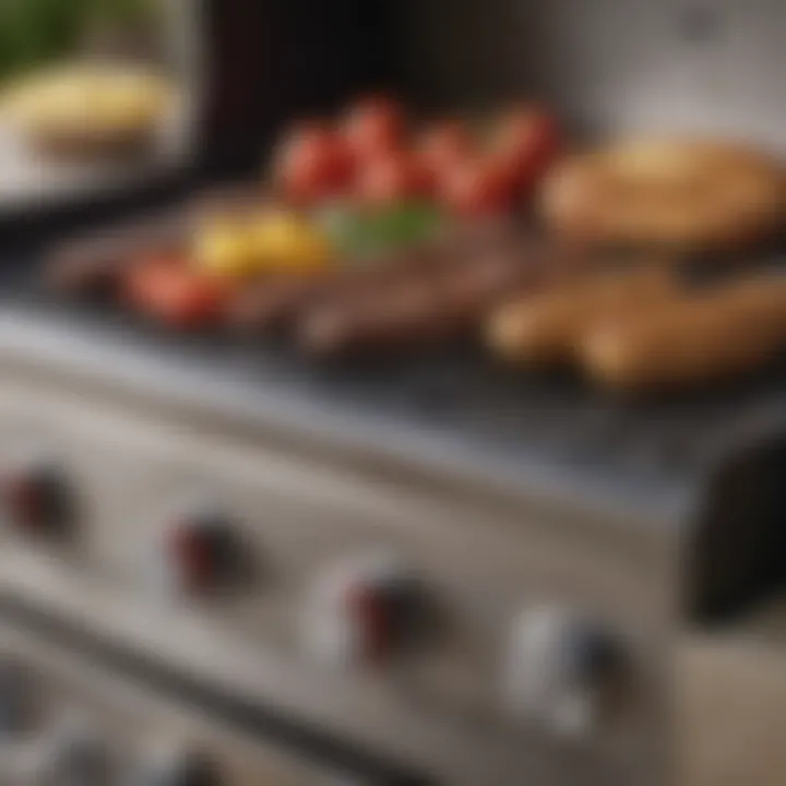 Close-up of a small propane barbecue showcasing its control knobs and grill surface