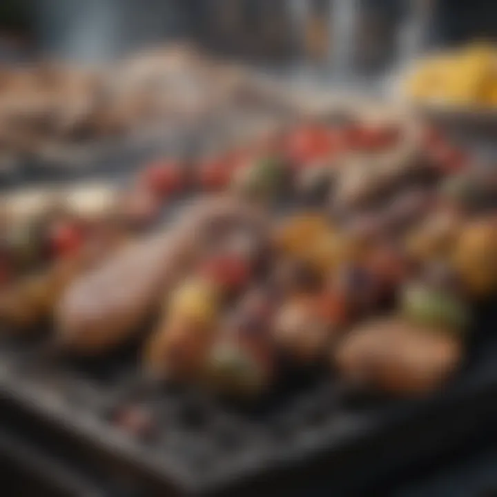 A selection of grilled vegetables and meats on a small propane barbecue