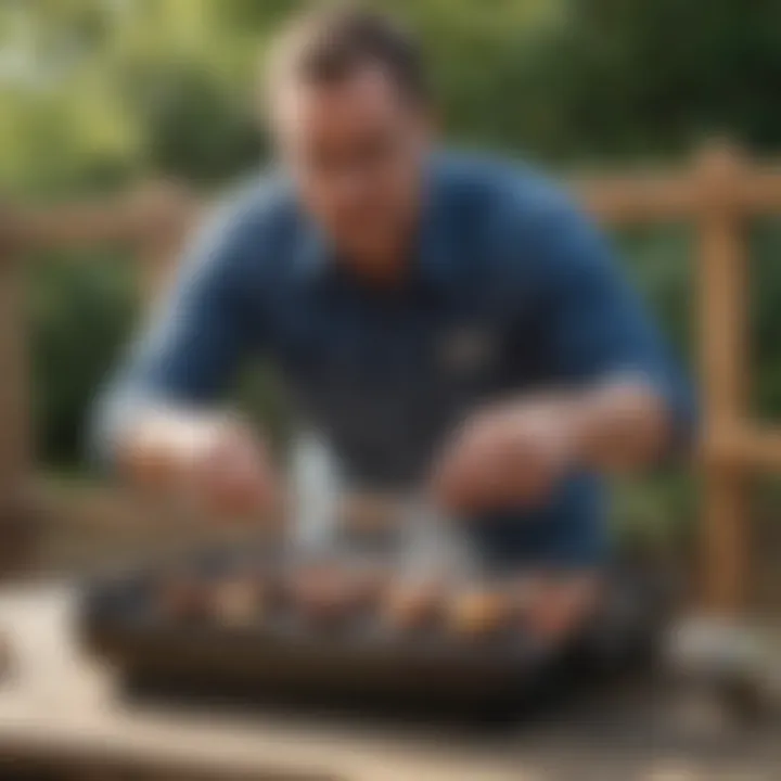 An individual demonstrating safe grilling practices with a small propane barbecue