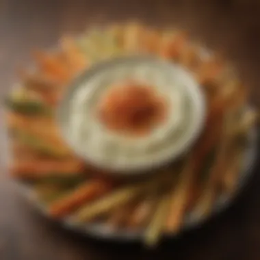 A close-up of crunchy vegetable sticks served with a flavorful dip.