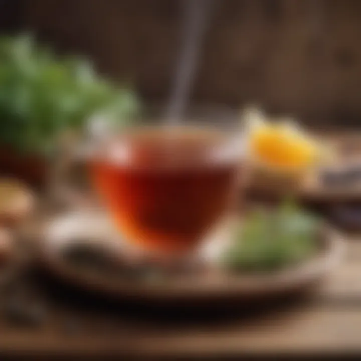 A steaming cup of herbal tea placed on a wooden table, symbolizing comfort and warmth.