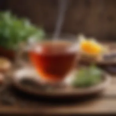 A Cup of Comforting Herbal Tea A steaming cup of herbal tea placed on a wooden table, symbolizing comfort and warmth.