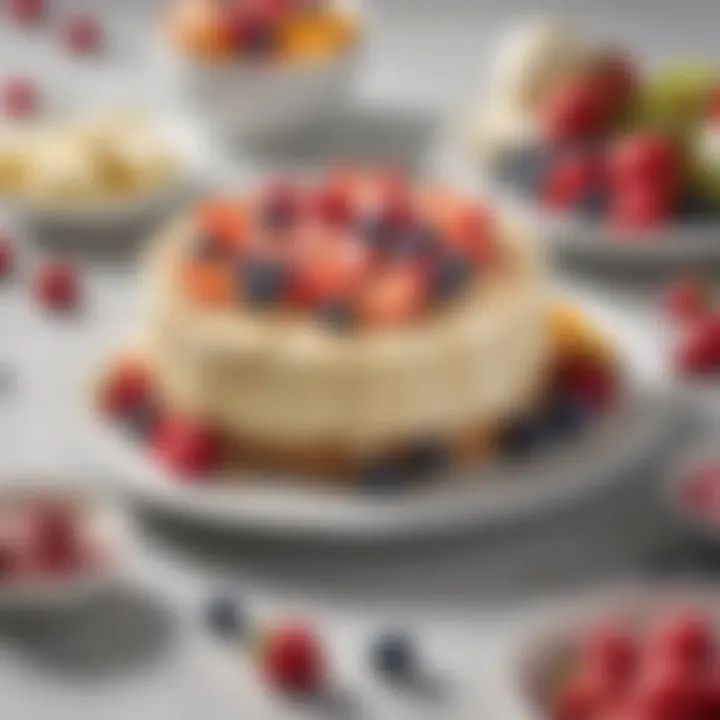 A vibrant assortment of ingredients used in cheesecake ice cream cake, including cream cheese, ice cream, and fresh fruits.