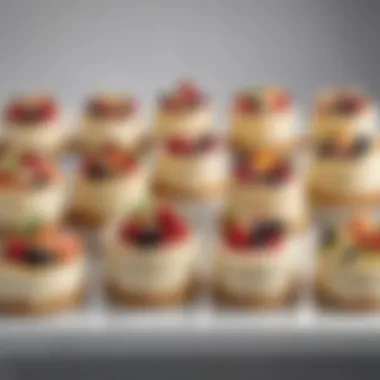 An elegant display of various cheesecake ice cream cakes adorned with fresh fruits and unique toppings.