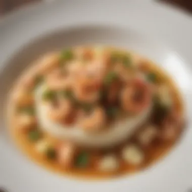 An artistic presentation of shrimp and grits, garnished with herbs.