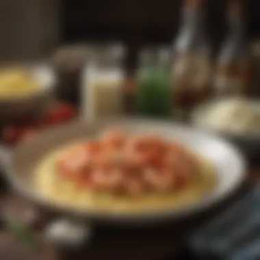 A rustic kitchen scene with essential ingredients for shrimp and grits.