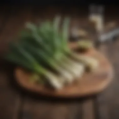 Artful Presentation of Leeks Fresh leeks arranged artistically on a wooden surface