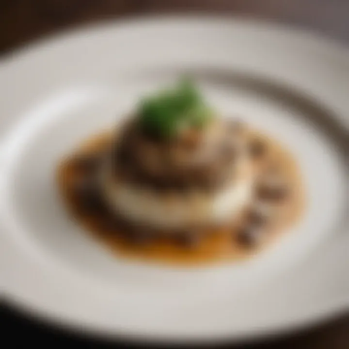 A dish elegantly plated with mushroom and leek sauce drizzled on top