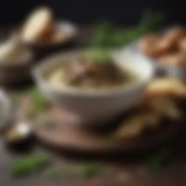 Garnished Mushroom and Leek Sauce A luxurious bowl of mushroom and leek sauce garnished with herbs