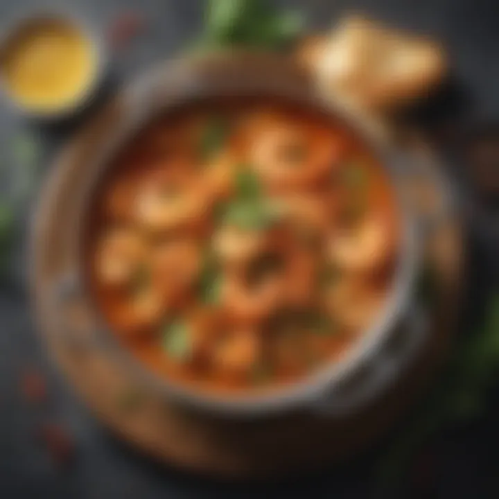 A bowl of vibrant shrimp curry surrounded by fresh herbs and spices