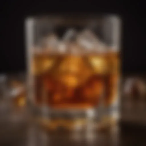 A close-up view of bourbon in a glass with ice and an amber hue