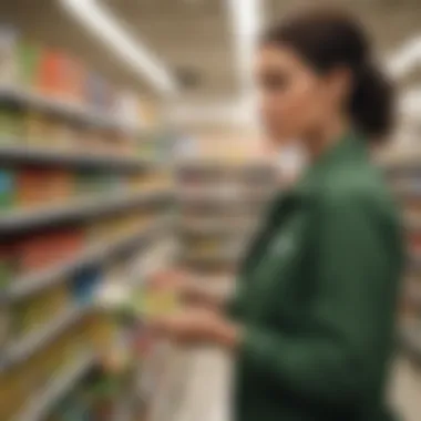 A shopper examining Dollar Tree products with a thoughtful expression.