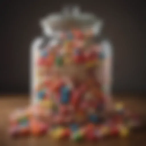 A vintage candy jar filled with colorful sweets