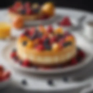 An elegant setting showcasing a whole NYT Cheesecake garnished with seasonal fruits.
