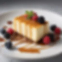 A beautifully plated slice of NYT Cheesecake topped with fresh berries and a drizzle of caramel.