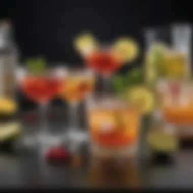 Artistic arrangement of various cocktails featuring tonic and lime garnishes