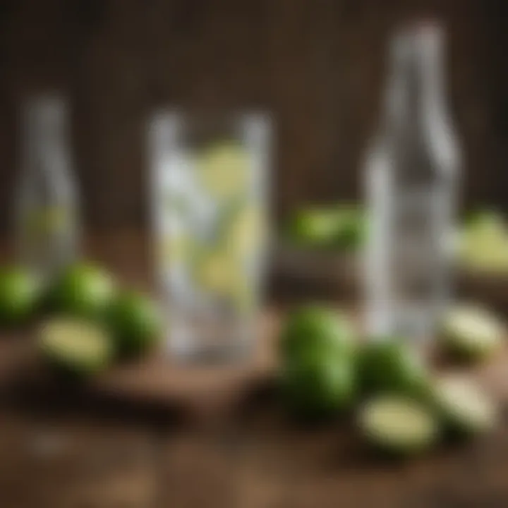 A vibrant display of fresh limes and tonic bottles on a rustic table