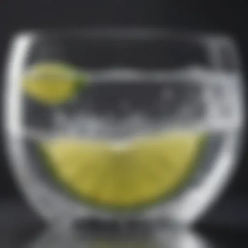 A close-up of tonic water bubbles and a lime wedge on a glass rim