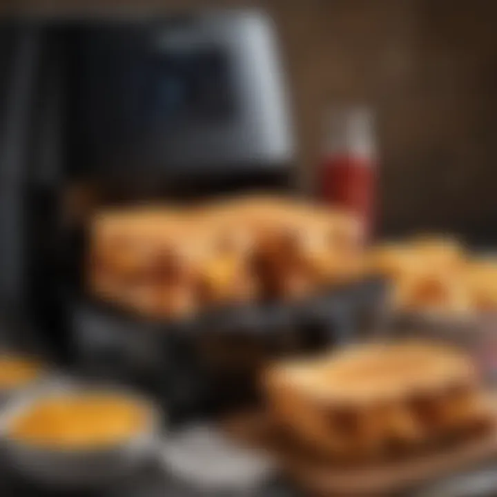 Close-up of an air fryer basket with grilled cheese sandwiches inside.