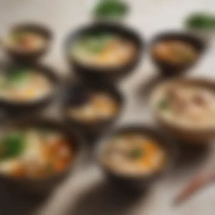 An assortment of miso soup variations served in traditional Japanese bowls