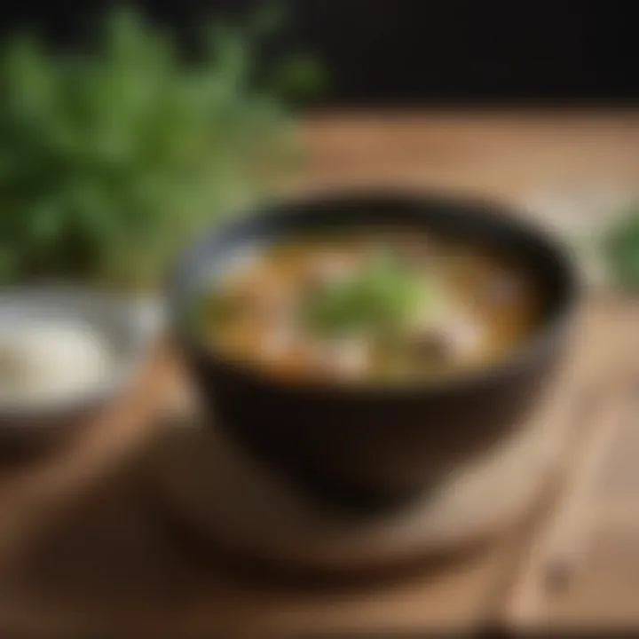A serene setting with miso soup and fresh herbs on a wooden table
