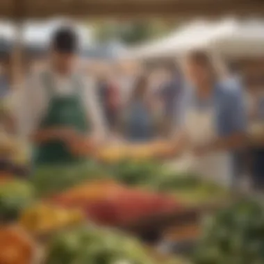 A farmer's market scene with consumers engaging with heirloom products.