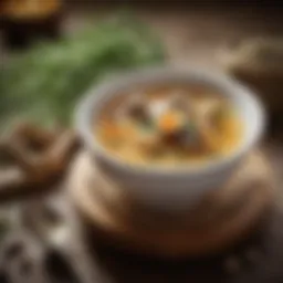 A pristine bowl of bird nest soup garnished with herbs.
