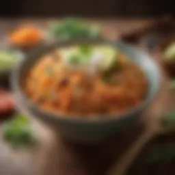 A vibrant bowl of Mexican rice garnished with herbs and spices