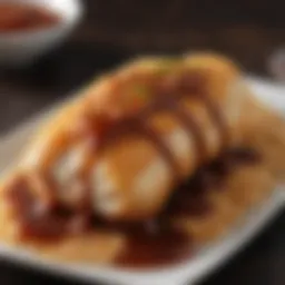 A close-up of a rich, tangy chicken katsu sauce drizzled over crispy chicken.