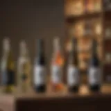 An elegant display of various sake bottles showcasing different labels and designs.