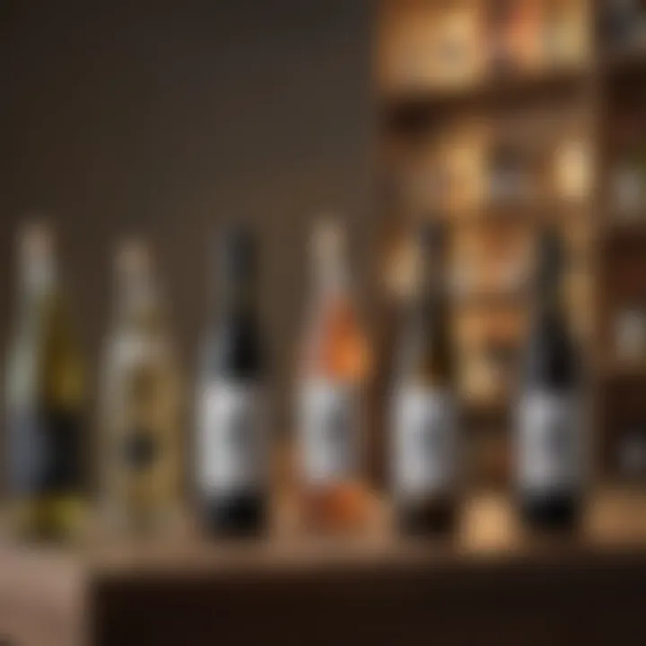 An elegant display of various sake bottles showcasing different labels and designs.