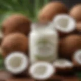 A close-up of virgin coconut oil in a glass jar surrounded by coconuts