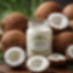A close-up of virgin coconut oil in a glass jar surrounded by coconuts