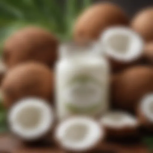 A close-up of virgin coconut oil in a glass jar surrounded by coconuts