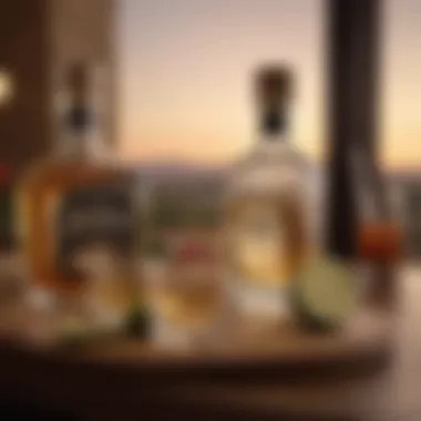 Tequila and Gourmet Pairing An elegant setting featuring a glass of Don Julio tequila paired with gourmet appetizers.