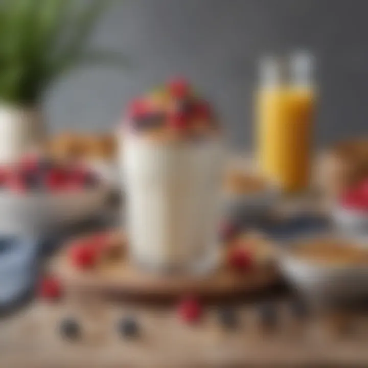 A beautifully arranged breakfast spread featuring kefir, granola, and colorful berries