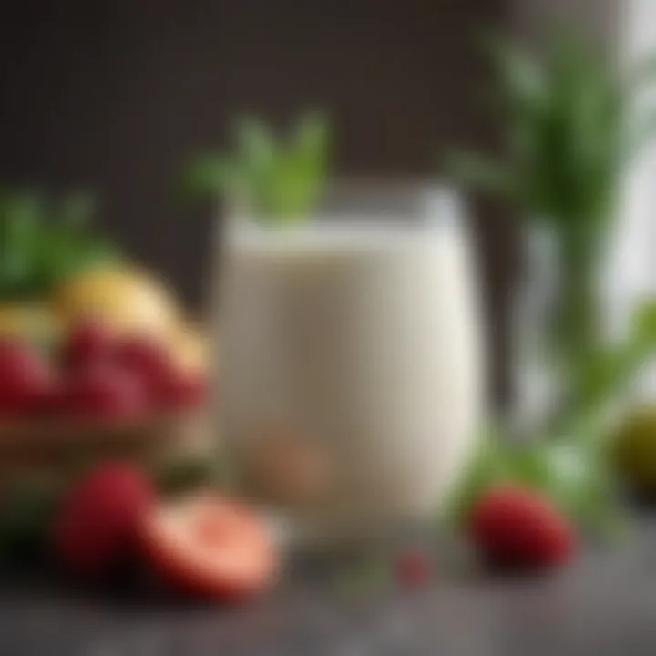 A close-up shot of creamy kefir in a glass with fresh fruits and herbs around it