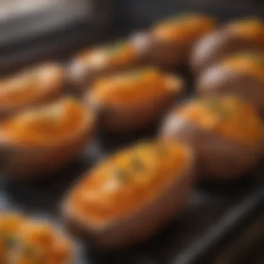 A close-up of sweet potatoes being baked to perfection in a rustic oven.