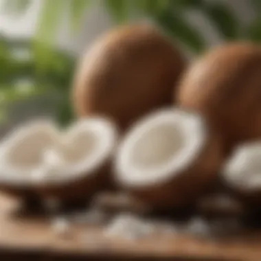 A wooden bowl filled with coconut oil and fresh coconuts