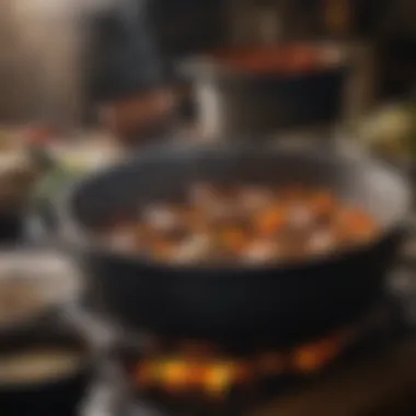 A close-up of a Dutch oven being used for braising, showcasing the steam and flavors being developed.