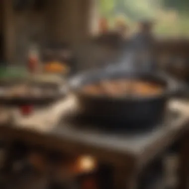 A rustic setting featuring a Dutch oven alongside fresh ingredients, emphasizing the connection to culinary traditions.