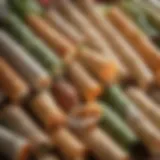 A close-up view of various types of spring roll papers displayed.