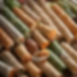 A close-up view of various types of spring roll papers displayed.