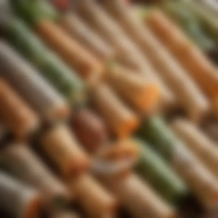A close-up view of various types of spring roll papers displayed.