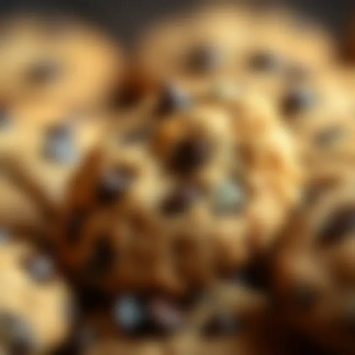 A close-up of a chocolate chip cookie showcasing its texture and ingredients