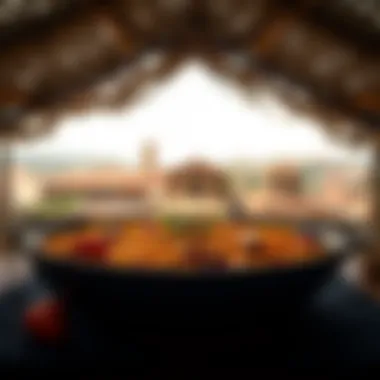 Historical Roots of Paella A historical depiction of paella's origins, featuring a rustic Spanish landscape.