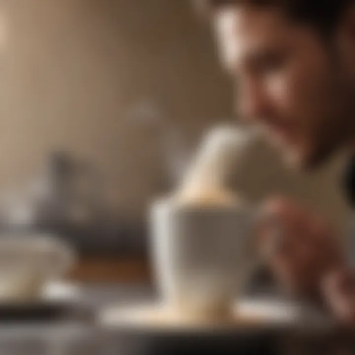 A person enjoying a cup of coffee topped with frothed milk, radiating satisfaction and warmth