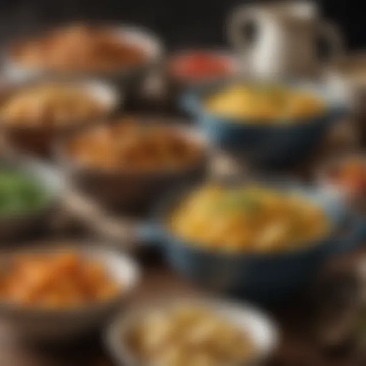 An assortment of mashed, roasted, and fried potatoes in attractive bowls.